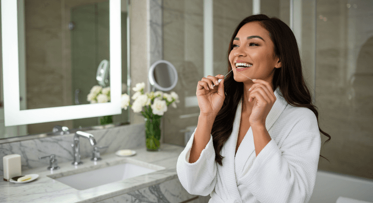 beautiful female flossing in an elegant bathroom stroke dentist oral health